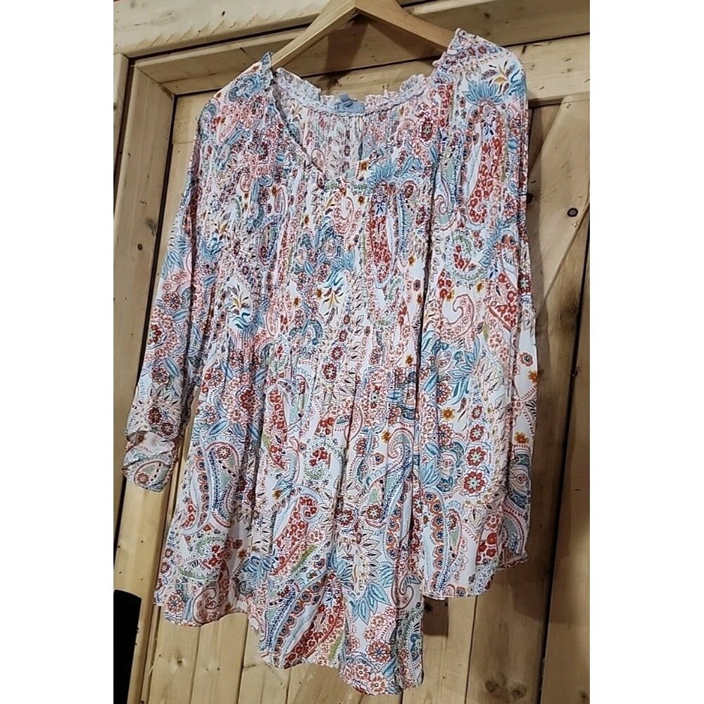 Womens Smocked V Neck‎ Top Fairycore Boho Ruffled Bell Sleeve Floral & Ivy